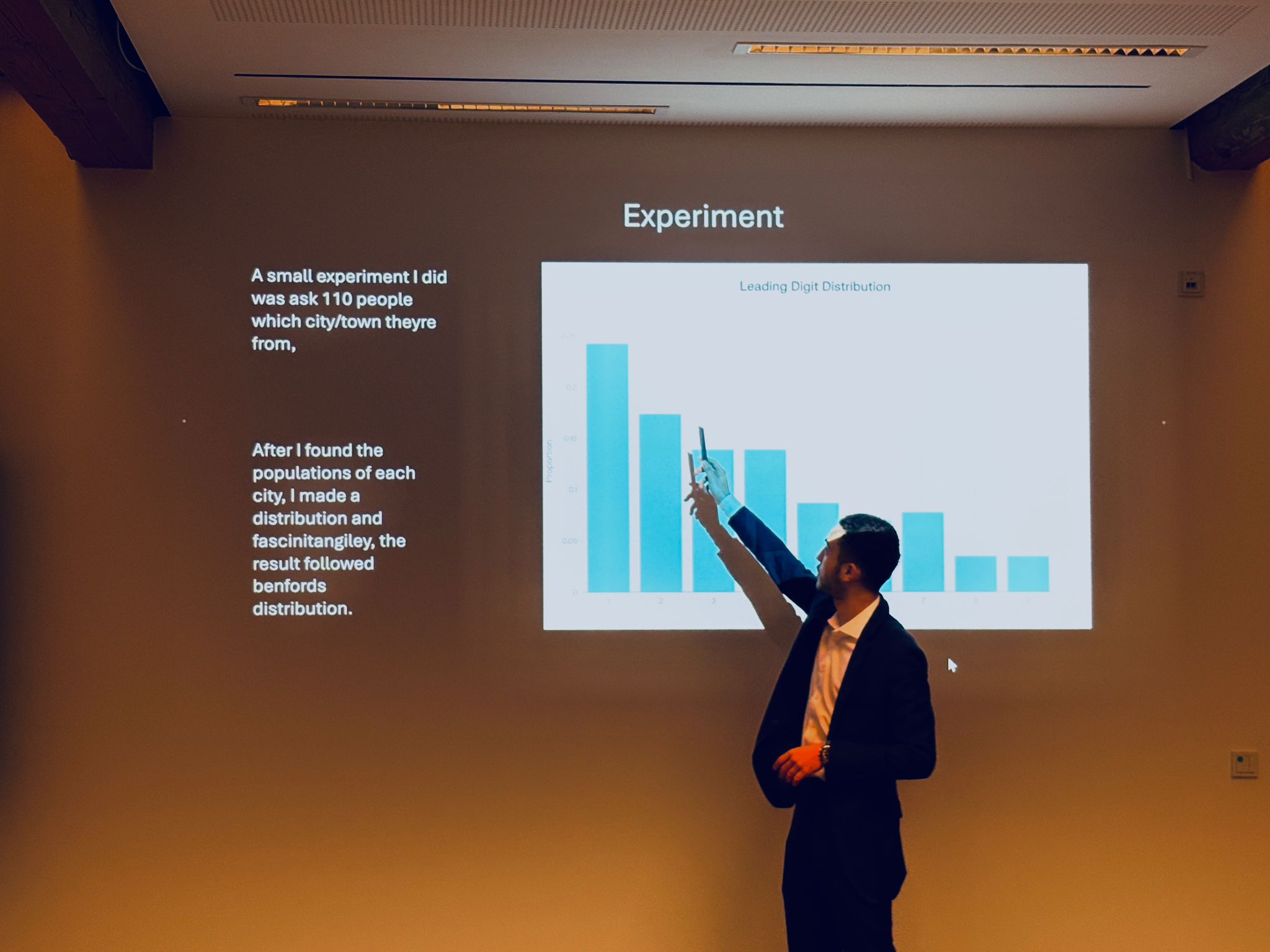 Rakan Al-Khatib presenting Benford's Law experiment